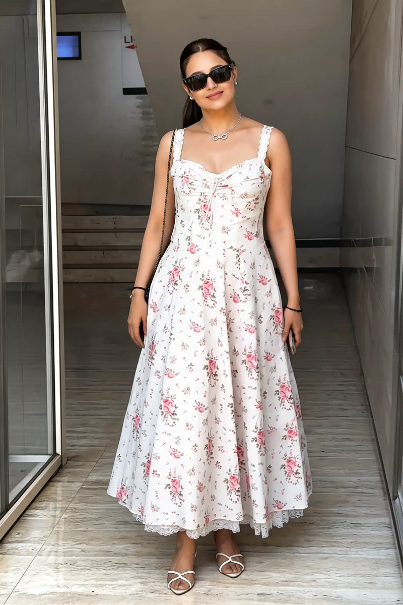 Yuvika Chaudhary in ivory floral bustier midi dress by Pretty Pixie